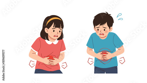 Two young children showing signs of stomach pain or food poisoning while clutching their bellies with distressed facial expressions.