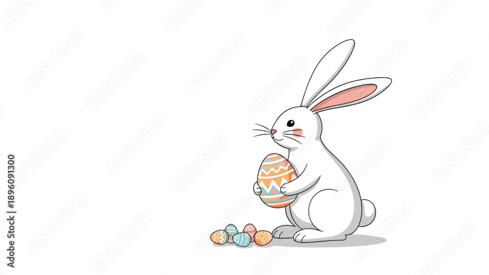 Obraz premium Cute white easter bunny sitting next to a large decorated egg and several small eggs for a charming holiday season illustration design.