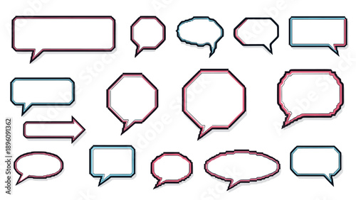 Collection of pixel art speech bubbles with stylish pink and blue double outlines in various shapes for retro game and digital app designs.