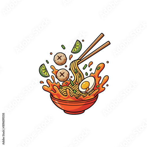 Dynamic illustration of ramen noodles splashing from a bowl with chopsticks.