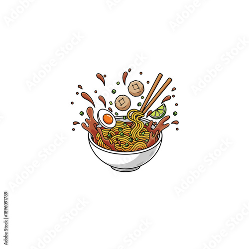 Dynamic Asian Noodle Bowl with Splashing Ingredients and Chopsticks.