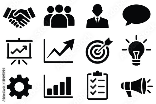 business strategy and teamwork solid black icons collection for corporate management and planning projects.