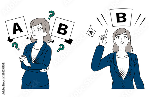 選択肢を比較して正しい判断をするビジネスウーマンのイラスト