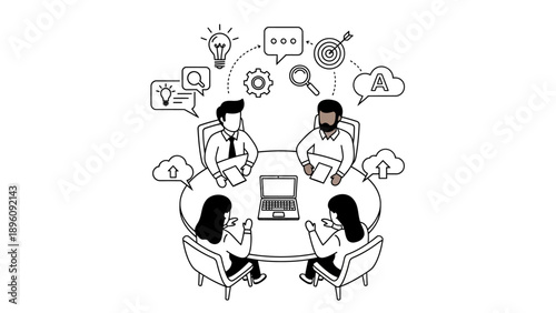 Four people sitting around laptop computer.