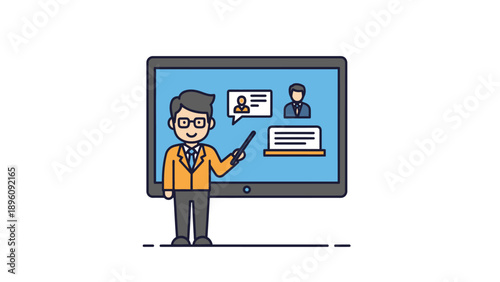 Man presenting on large computer screen.