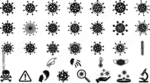Black virus and bacteria icon set with medical warning, mask, thermometer and microscope symbols isolated on white background for healthcare, pandemic and science design