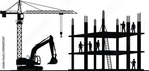 Construction site silhouette with tower crane, excavator, and workers building multi-story structure, black vector illustration showing industrial 