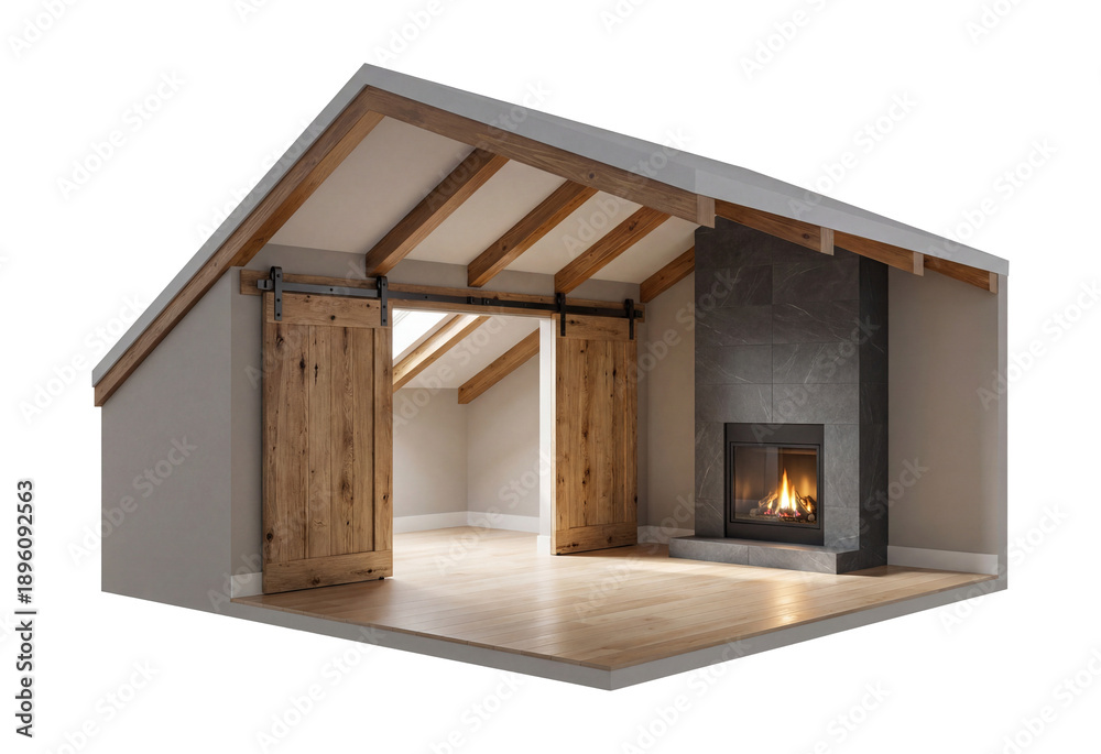Obraz premium Attic with sliding barn doors and a fireplace.