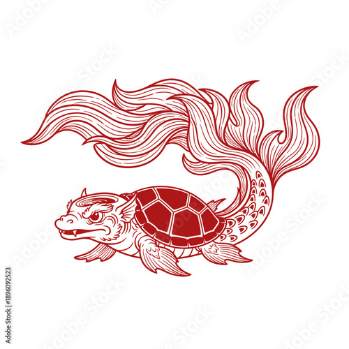 Minogame Japanese Mythological Turtle Illustration with Long Seaweed Tail