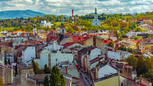 Canvastavla A view from the observation tower in Cieszyn reveals the beauty of the borderland, a peaceful city panorama and picturesque Silesian landscapes