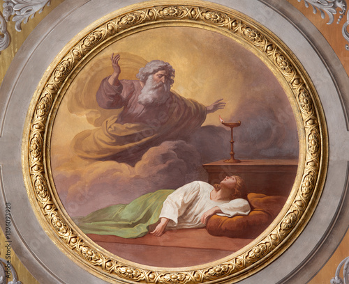 Принти на полотні VIGEVANO, ITALY - JANUARY 18, 2026: The ceiling fresco of God’s Calling of the Young Samuel in the Cathedral of St