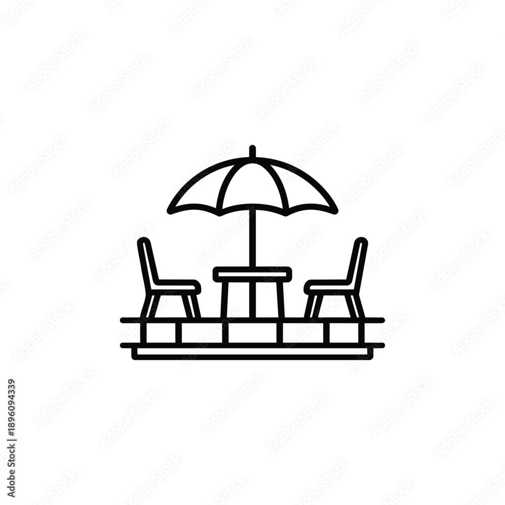 Fototapeta premium Outdoor terrace seating building amenities icon black and white vector line illustration of patio table chairs with sun umbrella for real estate and apartment complex