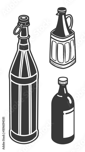 Black and white illustration of three different beer bottles on a plain background