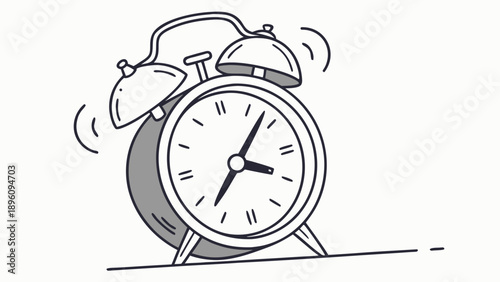 A black and white illustration of an alarm clock ringing loudly