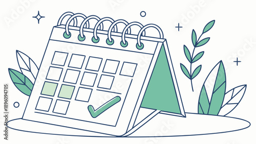 A green and blue illustration of a calendar with a checkmark on a with leaves and sparkles