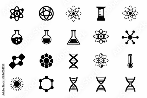 Black and white science icons set including atoms, molecules, dna, test tubes