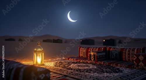 Desert Camp at Night with Crescent Moon and Lantern, Arabian Nights Scene, Ramadan Celebration, Traditional Bedouin Tent, Atmospheric Photography