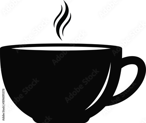 Hot steaming cup of coffee or tea silhouette icon for breakfast menu and cafe morning ritual branding on transparent background