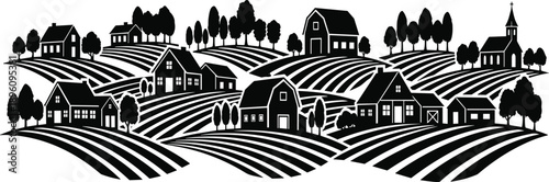 Black and white rural farming landscape illustration with barns, houses, church steeple, plowed fields, rolling hills, and trees representing peaceful 