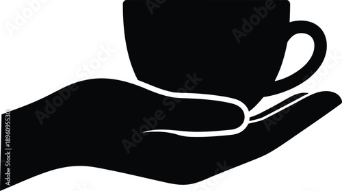 Minimalist black silhouette of hand holding coffee cup symbol for café service and hospitality icons on transparent grid