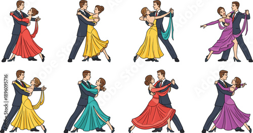 Elegant ballroom dancers in colorful dresses and formal suits performing synchronized poses, showcasing graceful movement, dance diversity, 