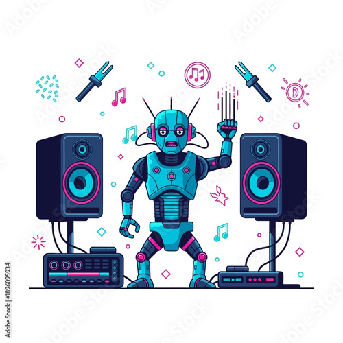 A cartoon robot DJing with speakers and music notes, representing technology and entertainment.