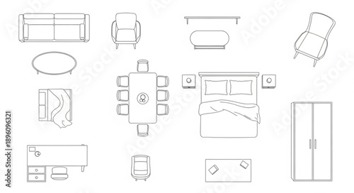 Collection of furniture sketches in top down and side views.
