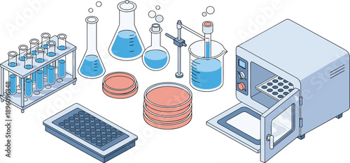 Laboratory equipment illustration with test tubes, flasks, beakers, petri dishes, pipette, multi-well plate, and incubator showcasing scientific research, 