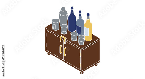 Bottles and Glasses on Brown Box.