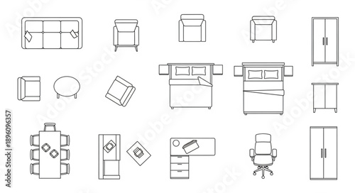 Collection of furniture top view architectural drawings and sketches.