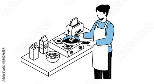 Woman Cooking on Stovetop with Utensils.