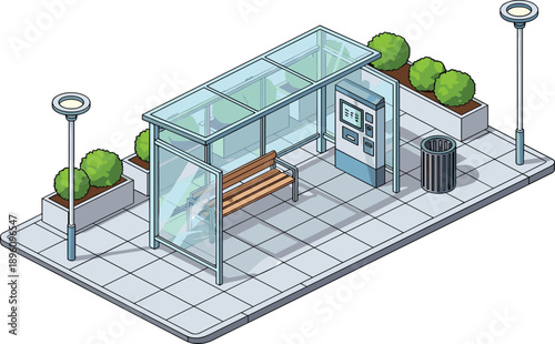 Pixel art bus stop illustration with glass shelter, wooden bench, ticket kiosk, street lamps, pavement, greenery, and trash bin representing urban public transportation waiting area