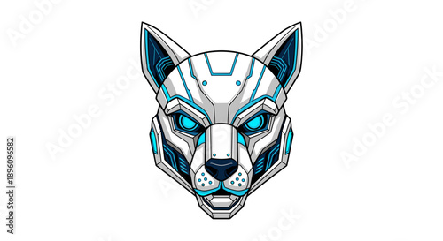 Futuristic Wolf Head Illustration with Blue Eyes.