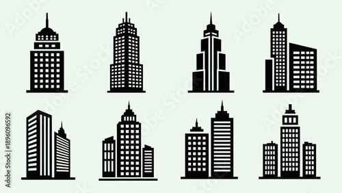 Set of Black and White Skyscraper Icons, Modern City Architecture Collection