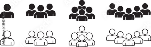 Various simple human group icons in black and white on white background