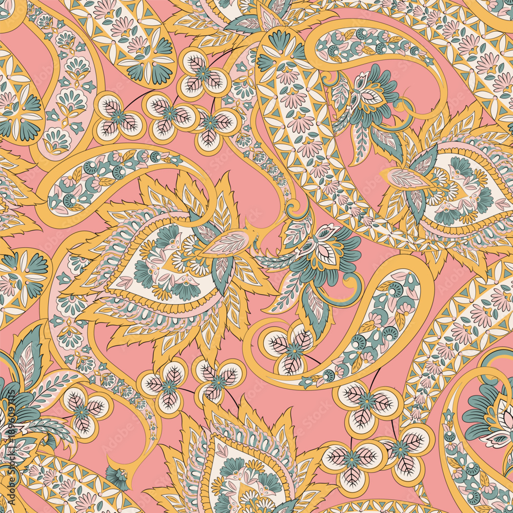Fototapeta premium Vector textile print. Seamless Design for covers, fabrics, textiles, wrapping paper. Vector pattern Paisley Indian motifs and decorative floral elements