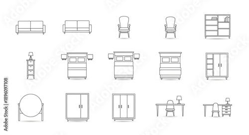 Collection of furniture icons for interior design and planning.