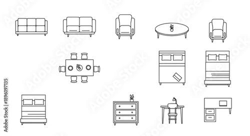 Collection of furniture icons in a simple line art style.