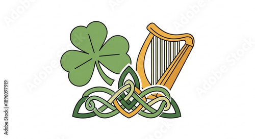 Celtic knotwork design with shamrock and harp on white background symbolizing irish heritage and luck