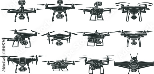 Set of twelve diverse drone illustrations showcasing quadcopters and multi-rotor designs with cameras, highlighting aerial technology, surveillance, photography, recreation, and modern unmanned 