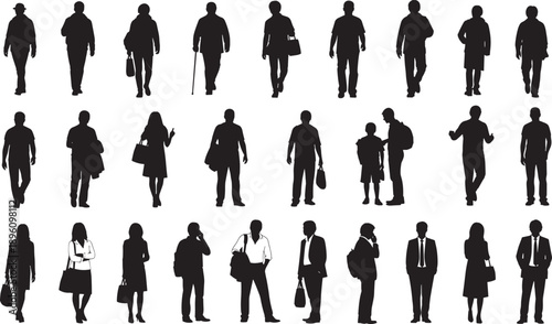 Silhouettes of diverse people in casual and business attire arranged in grid formation, walking, standing, holding bags, symbolizing fashion, posture, demographic diversity, and human behavior