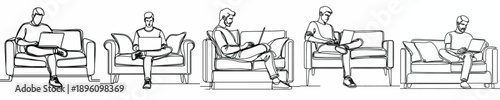 line art of a man sitting on a sofa with a laptop