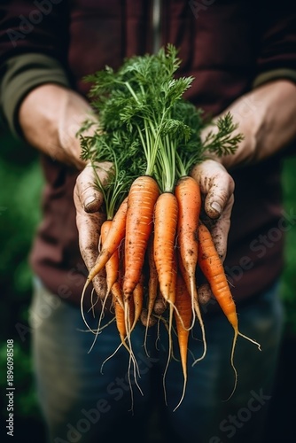 Freshly picked carrots in farmer's hands