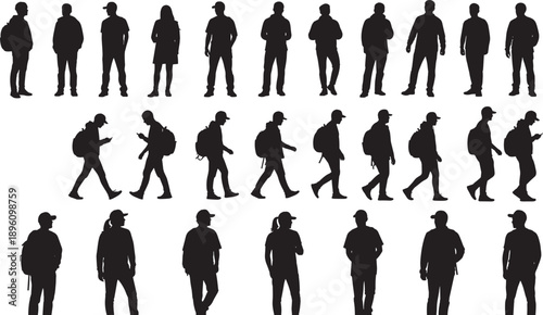 Collection of twenty-five black silhouette figures in standing and walking postures, featuring backpacks and bags, showcasing diverse human movement, posture analysis, lifestyle, and