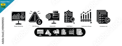 Audit Monitoring web banner icon, with System Monitoring, Alert Warning, Global Audit, Audit Report, Performance Review, Compliance List.