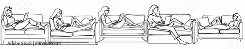 line art of a woman relaxing on a sofa with a laptop