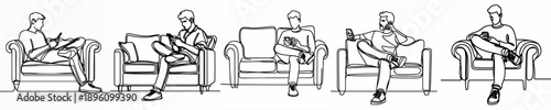 line art of a man sitting on a sofa with a handphone