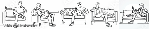line art of a man sitting on a sofa with a handphone