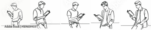 line art half body of a man standing reading a book