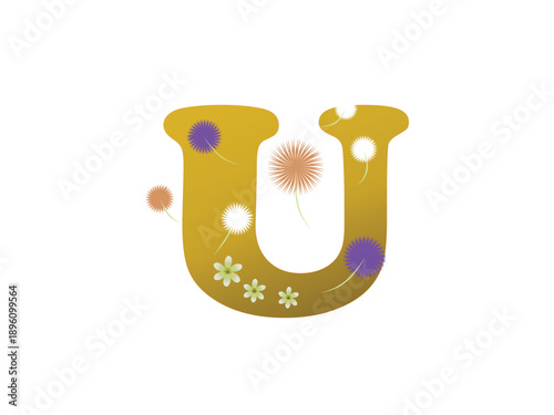 Golden letter U decorated with colorful floral elements, including delicate dandelion-style flowers and small blossoms. Elegant botanical typography design on a transparent background